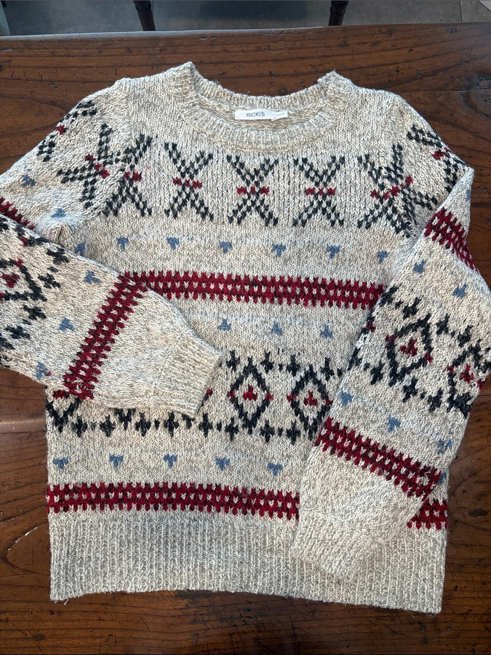 Ricki's Cream Fair Isle Knit Sweater with Red & Black Accents XS
